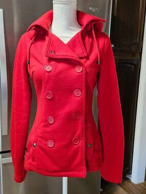 Vtg Y2K Wet Seal Double Breasted Sailor Pea Coat Fleece Hooded Womens Small Red